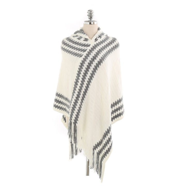 Damen Strick‑Kapuzencape im Hahnentritt‑Jacquard mit Fransensaum – Veloura