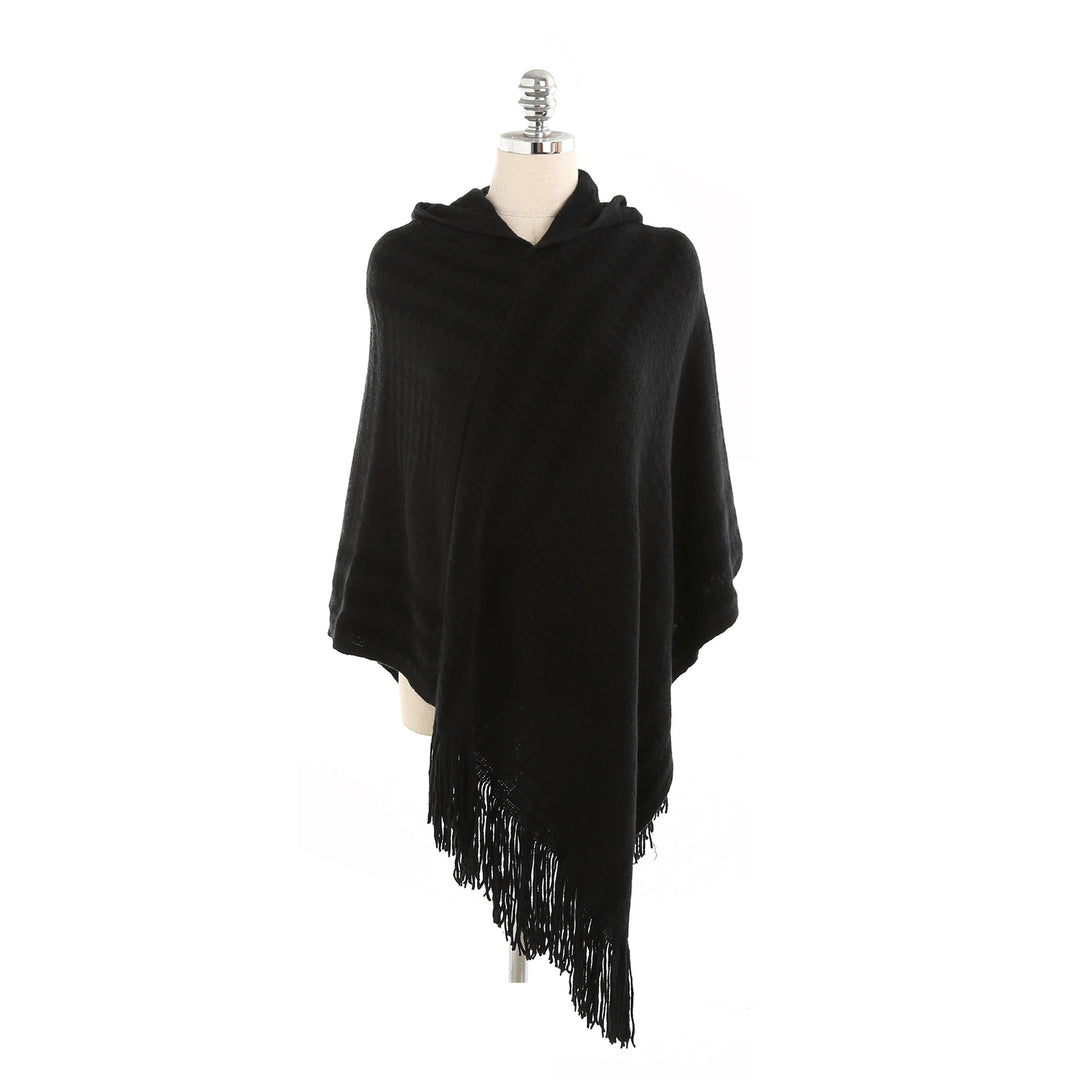 Damen Strick‑Kapuzencape im Hahnentritt‑Jacquard mit Fransensaum – Veloura