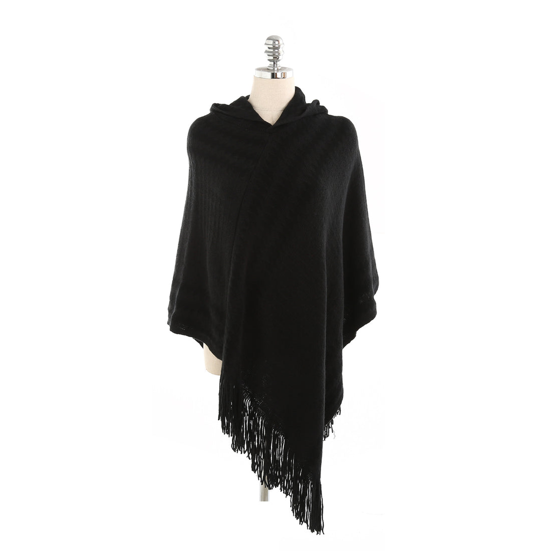 Damen Strick‑Kapuzencape im Hahnentritt‑Jacquard mit Fransensaum – Veloura