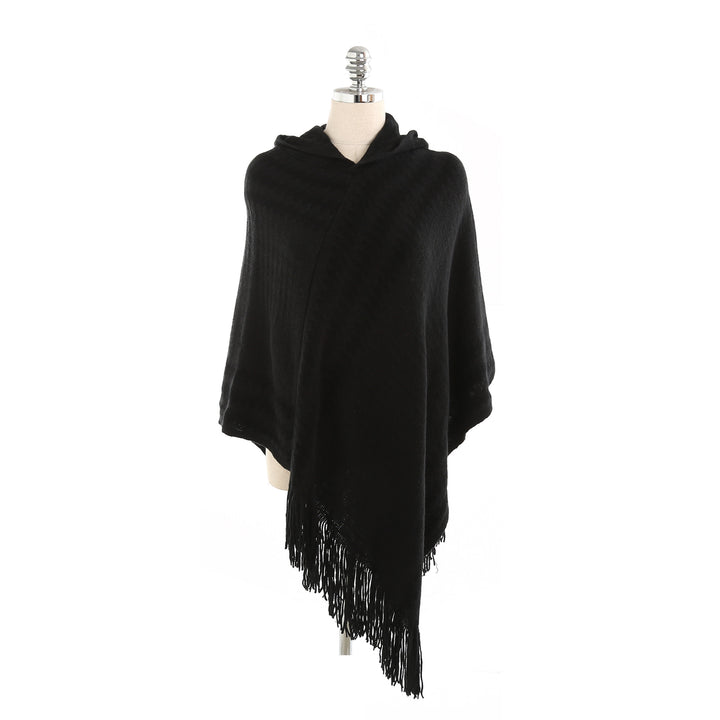 Damen Strick‑Kapuzencape im Hahnentritt‑Jacquard mit Fransensaum – Veloura