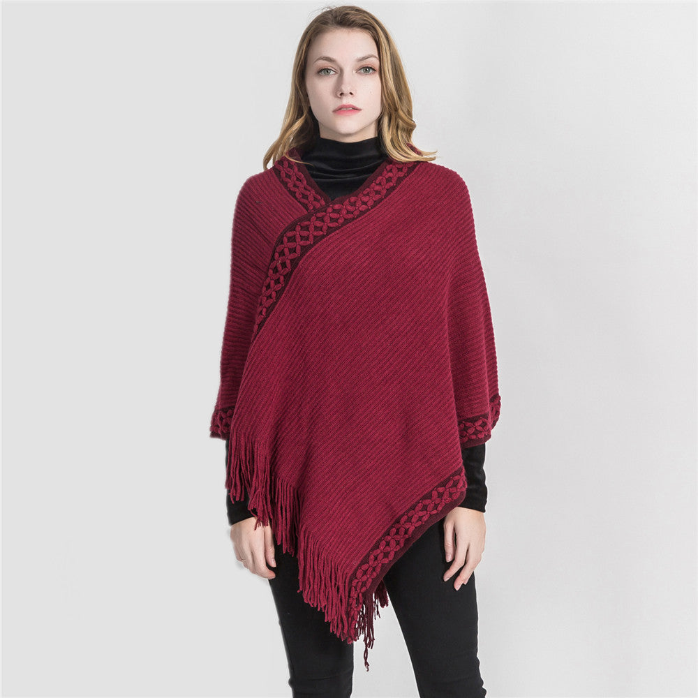 Damen V-Ausschnitt Ruana-Poncho mit geflochtener Bordüre und Fransen Echo Archiv