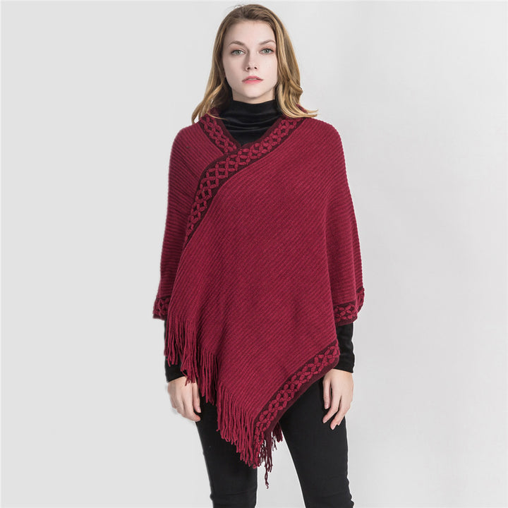 Damen V-Ausschnitt Ruana-Poncho mit geflochtener Bordüre und Fransen Echo Archiv
