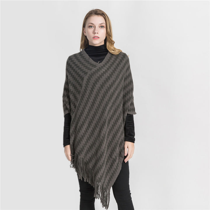 Damen Kaschmir‑Touch Ruana‑Poncho mit Zickzack‑Jacquard und Fransensaum Echo Archiv