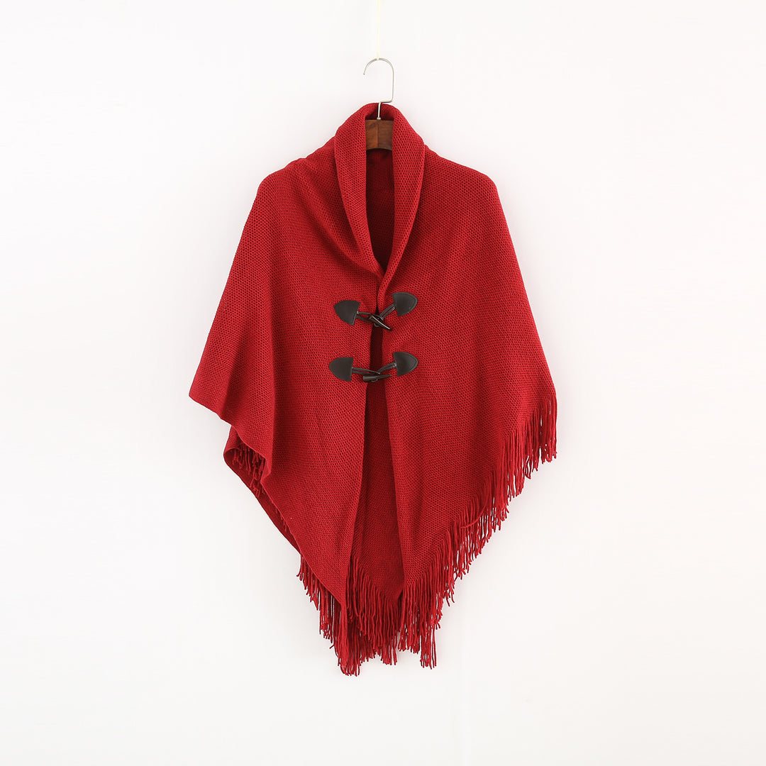 Damen Strick-Ruana-Poncho mit Schalkragen, Knebelverschlüssen und Fransensaum – Veloura