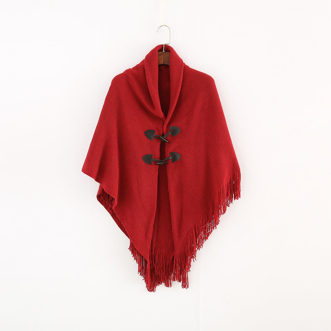Damen Strick-Ruana-Poncho mit Schalkragen, Knebelverschlüssen und Fransensaum – Veloura