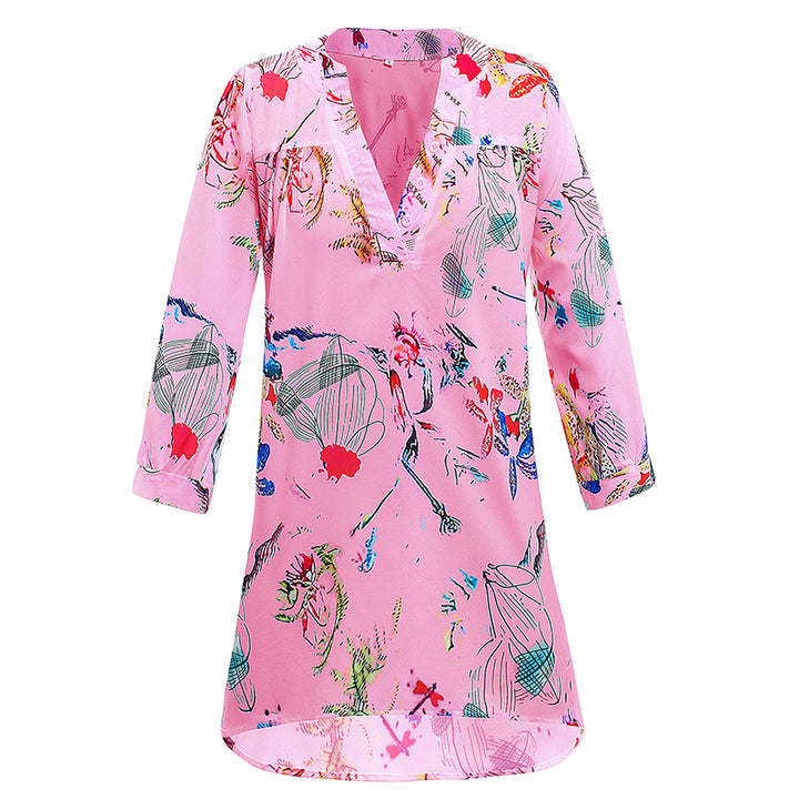 Damen Leichte Viskose Chiffon Tunika Kleid mit V-Ausschnitt und Dreiviertelärmeln – Lunéa