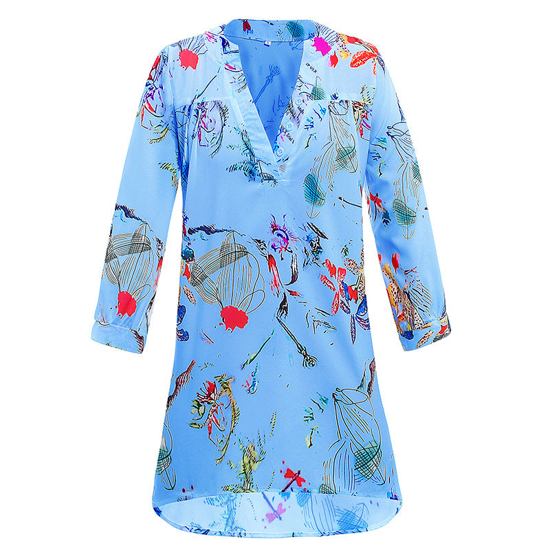 Damen Leichte Viskose Chiffon Tunika Kleid mit V-Ausschnitt und Dreiviertelärmeln – Lunéa