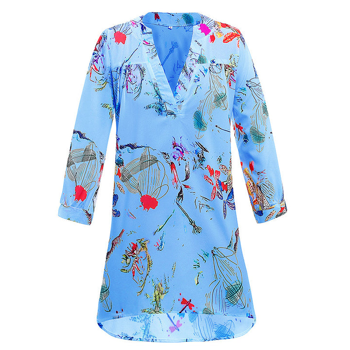 Damen Leichte Viskose Chiffon Tunika Kleid mit V-Ausschnitt und Dreiviertelärmeln – Lunéa