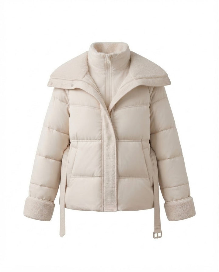 Damen kurze gepolsterte gesteppte Parka mit voluminösem Teddy-Kragen, tailliertem Gürtel und verdecktem Reißverschluss