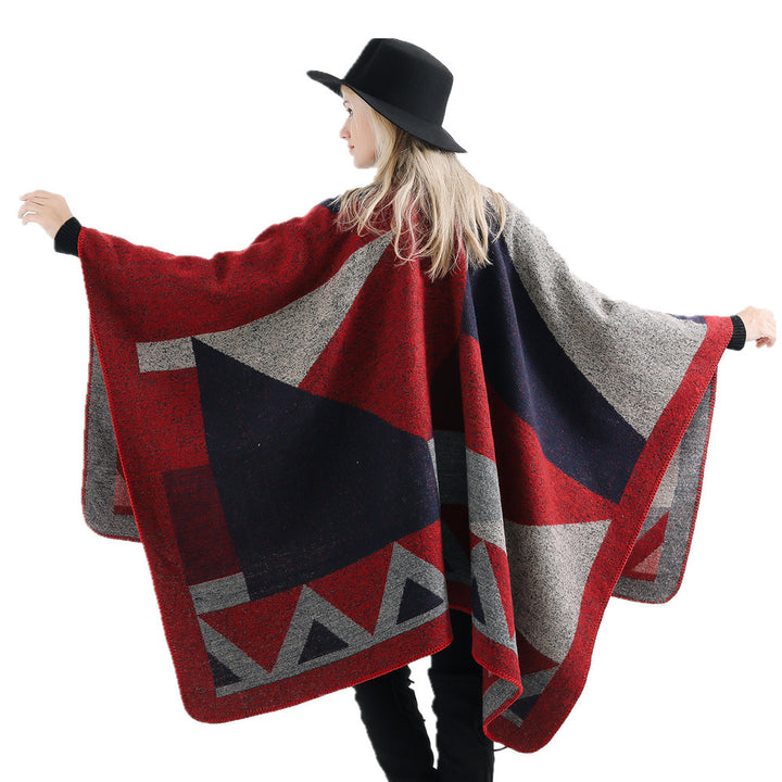 Damen Oversize-Ruana aus Wollmix mit geometrischem Intarsia und offenem Kimono-Fall – Avérine