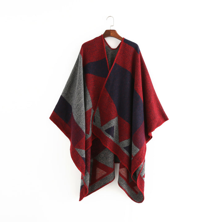 Damen Oversize-Ruana aus Wollmix mit geometrischem Intarsia und offenem Kimono-Fall – Avérine