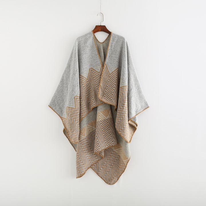 Damen Offener Ruana-Poncho im Oversize mit Chevron-Jacquard und Ziernaht – Célinea
