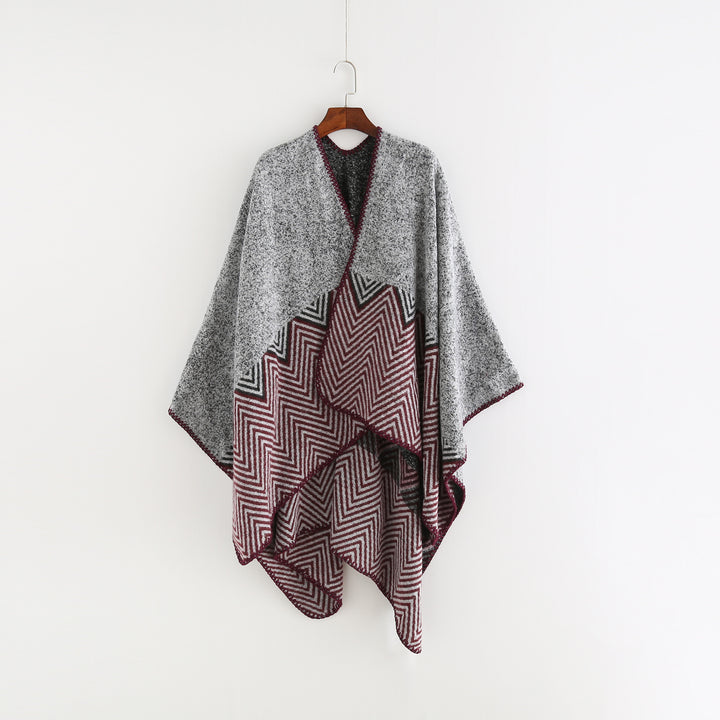 Damen Offener Ruana-Poncho im Oversize mit Chevron-Jacquard und Ziernaht – Célinea