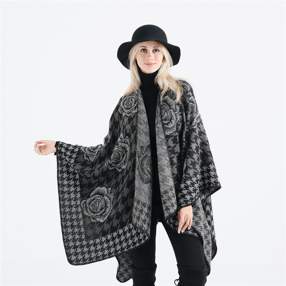 Damen Jacquard-Ruana mit Hahnentritt- und Rosenmotiv – Avérine