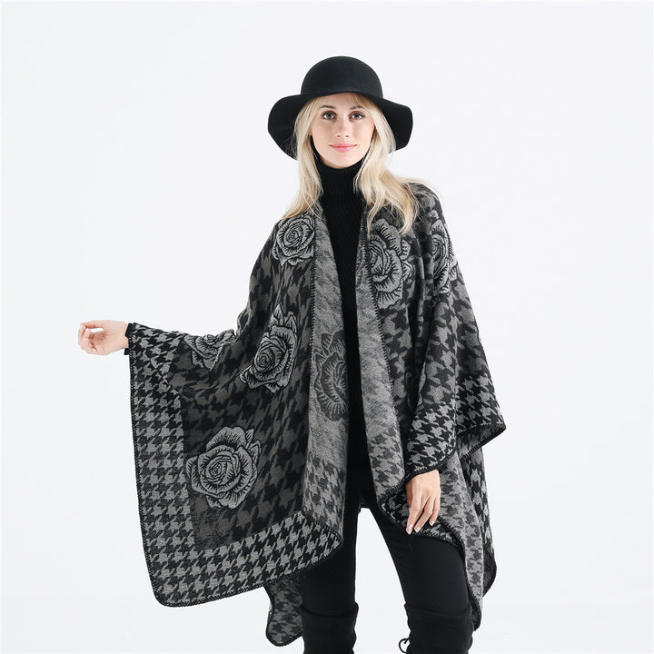 Damen Jacquard-Ruana mit Hahnentritt- und Rosenmotiv – Avérine