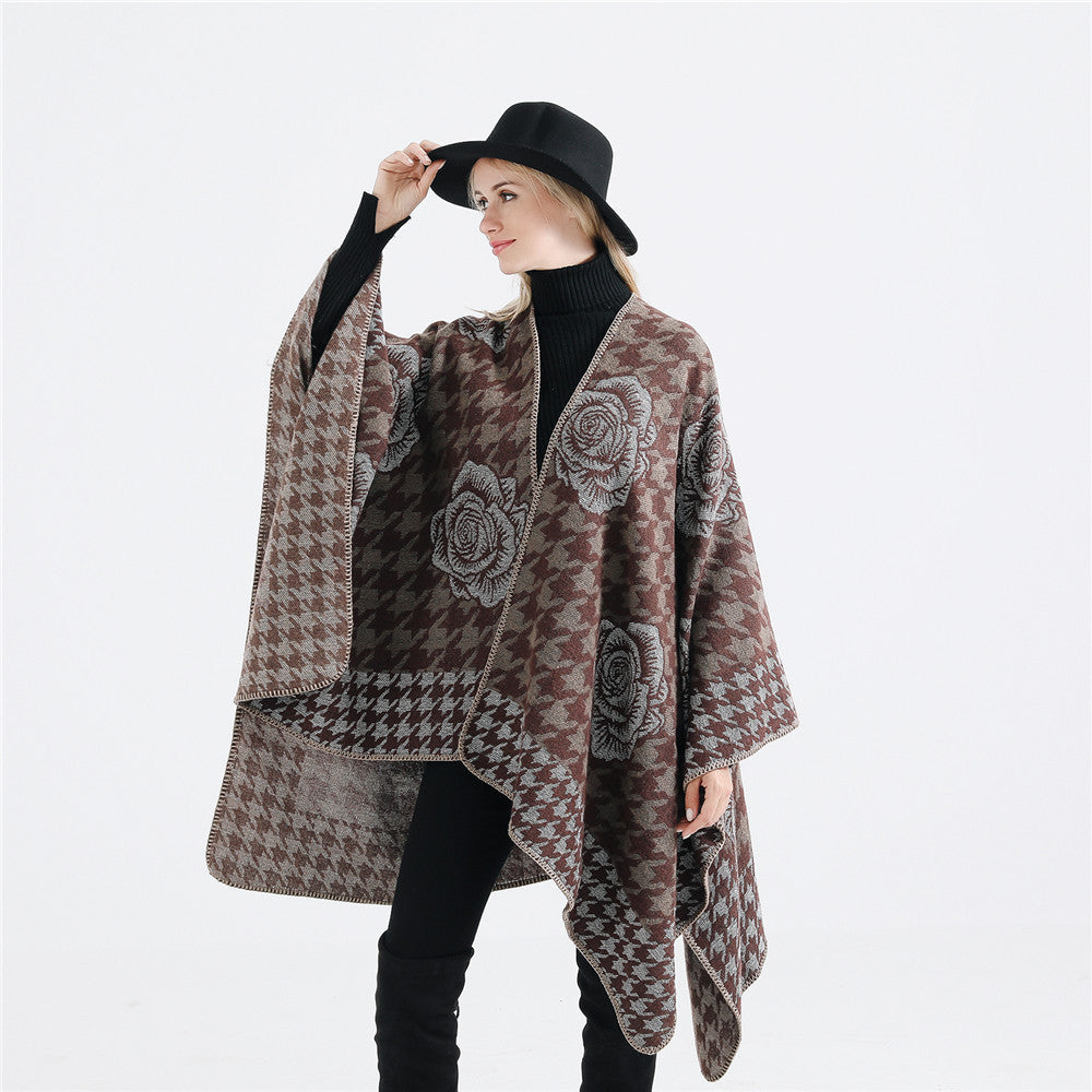 Damen Jacquard-Ruana mit Hahnentritt- und Rosenmotiv – Avérine
