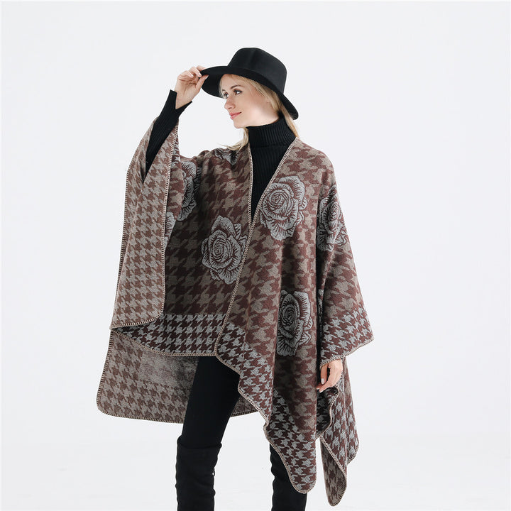 Damen Jacquard-Ruana mit Hahnentritt- und Rosenmotiv – Avérine