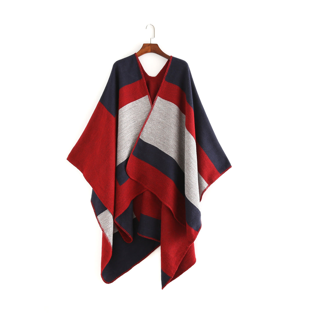 Damen Oversize‑Ruana‑Poncho aus Wollmix mit geometrischem Blockjacquard und V‑Ausschnitt – Veloura