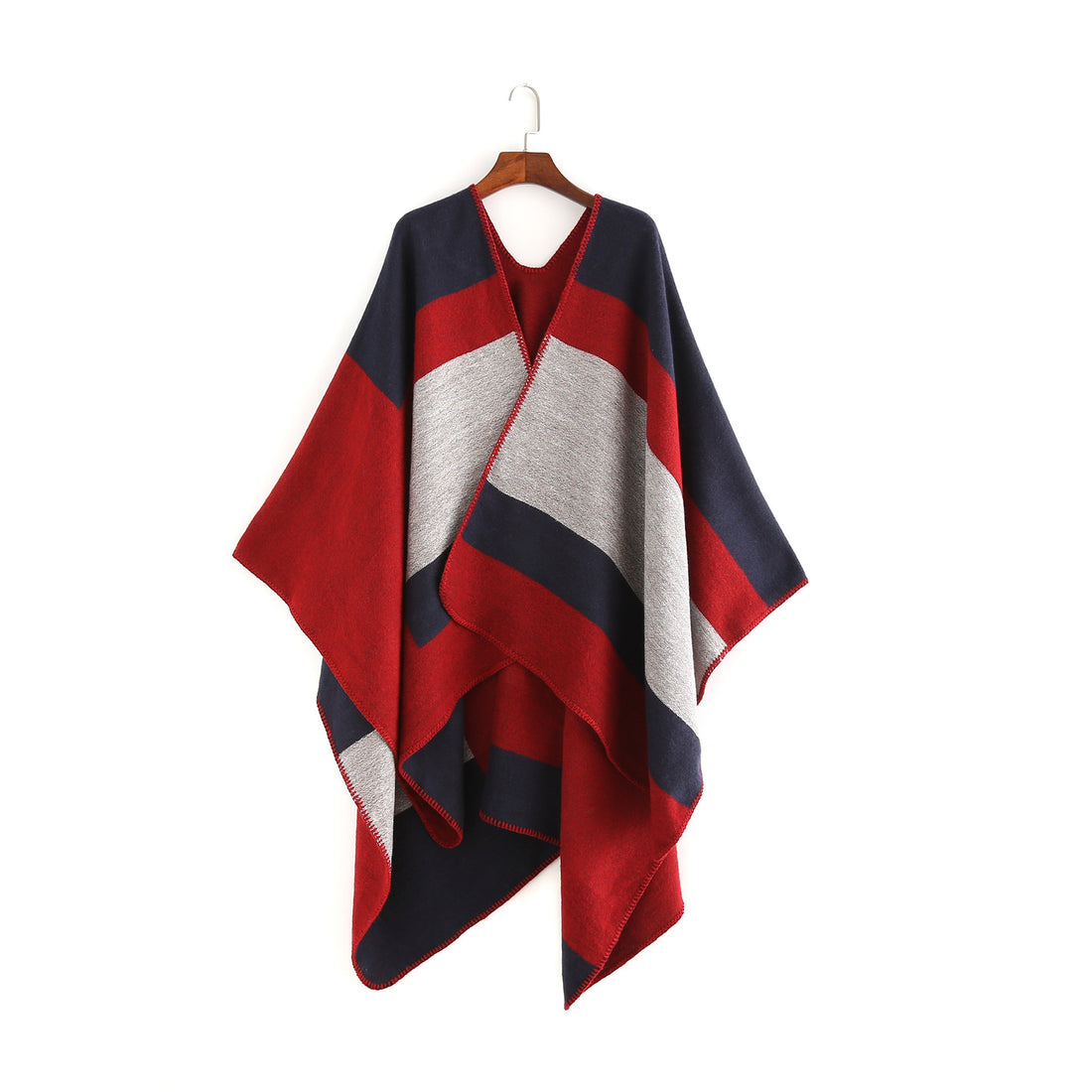 Damen Oversize‑Ruana‑Poncho aus Wollmix mit geometrischem Blockjacquard und V‑Ausschnitt – Veloura