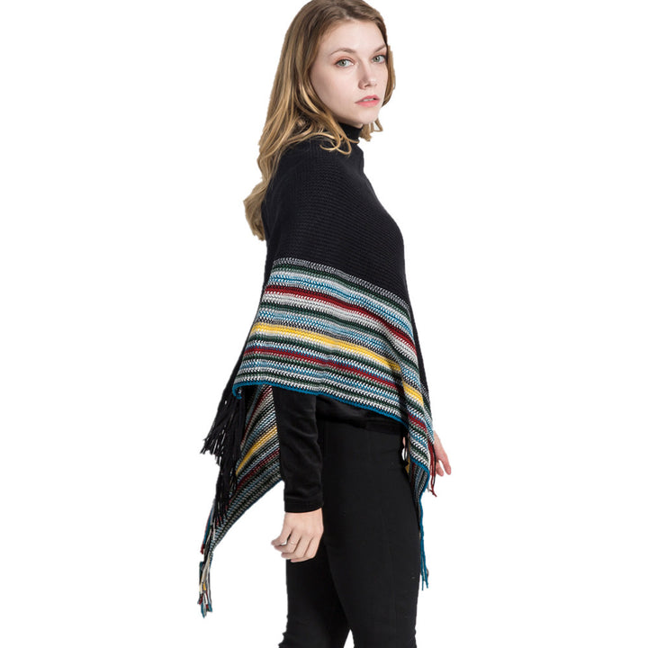 Damen Oversize-Strickruana mit Fransen und gestreifter Bordüre Echo Archiv