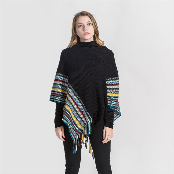 Damen Oversize-Strickruana mit Fransen und gestreifter Bordüre Echo Archiv