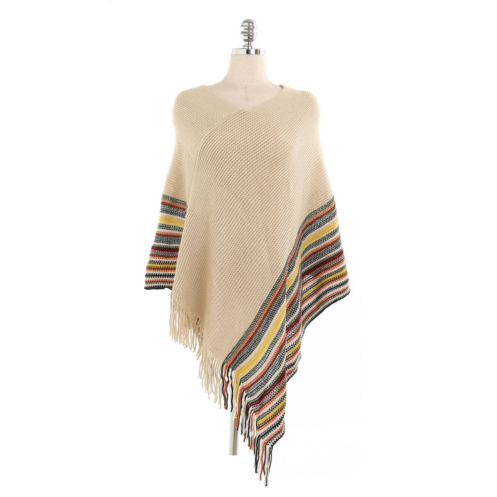 Damen Oversize-Strickruana mit Fransen und gestreifter Bordüre Echo Archiv