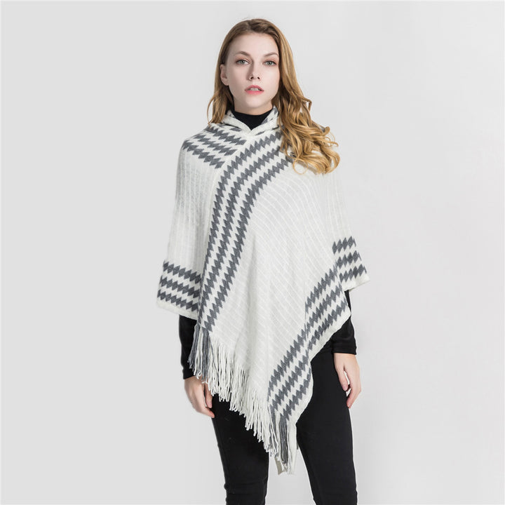 Damen Strick‑Kapuzencape im Hahnentritt‑Jacquard mit Fransensaum – Veloura
