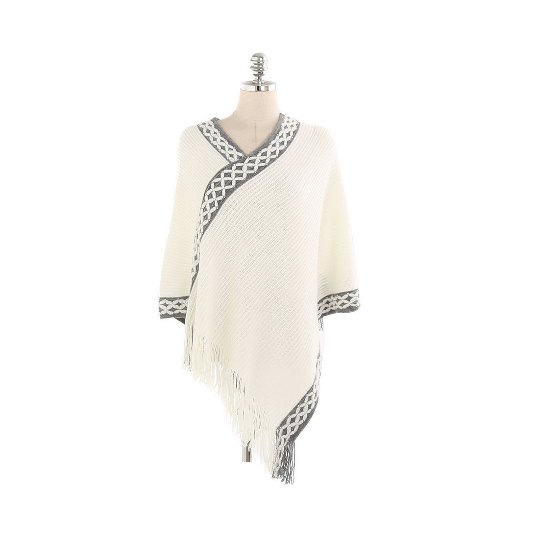 Damen V-Ausschnitt Ruana-Poncho mit geflochtener Bordüre und Fransen – Auréline