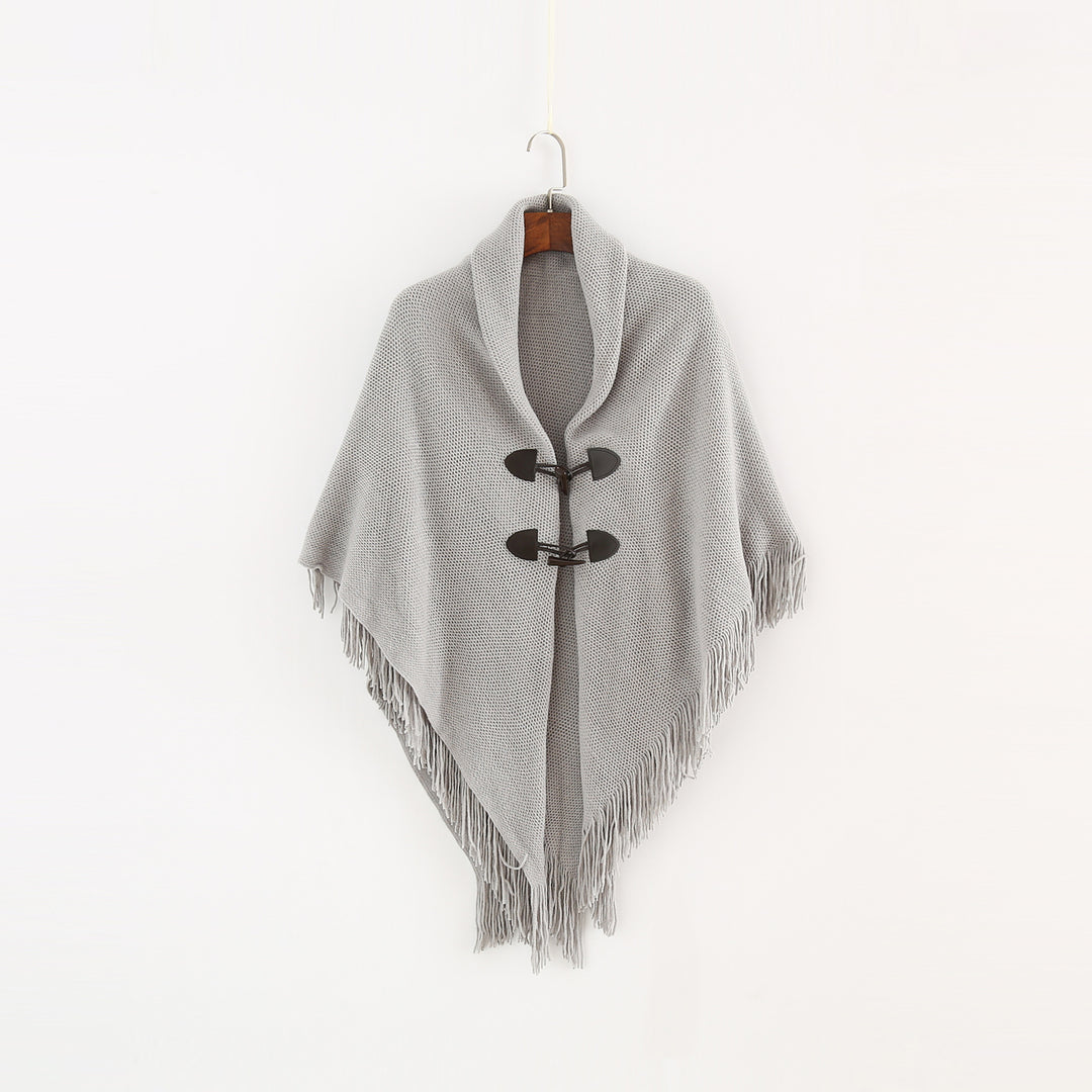 Damen Strick-Ruana-Poncho mit Schalkragen, Knebelverschlüssen und Fransensaum – Veloura