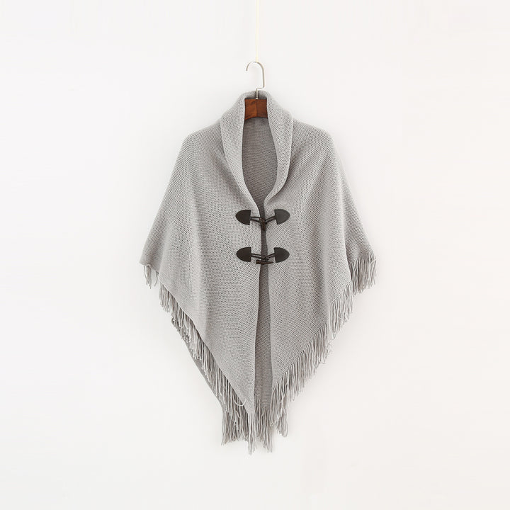 Damen Strick-Ruana-Poncho mit Schalkragen, Knebelverschlüssen und Fransensaum – Veloura