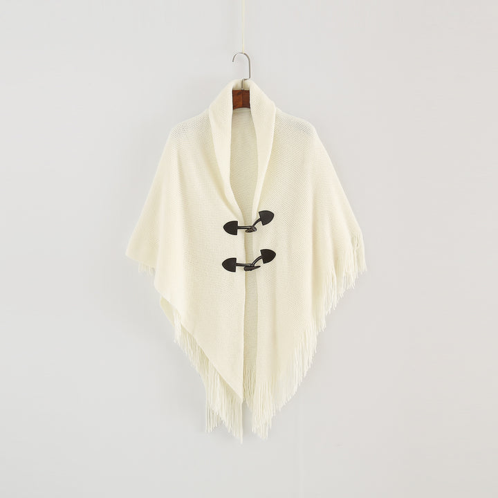 Damen Strick-Ruana-Poncho mit Schalkragen, Knebelverschlüssen und Fransensaum – Veloura