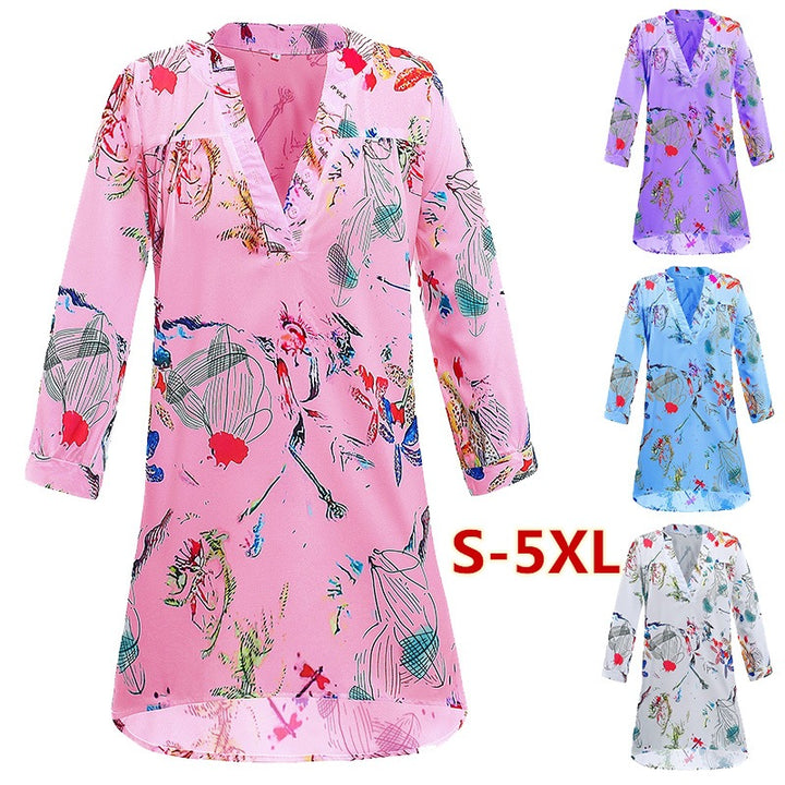 Damen Leichte Viskose Chiffon Tunika Kleid mit V-Ausschnitt und Dreiviertelärmeln – Lunéa