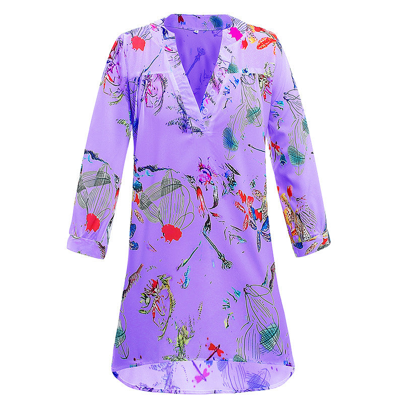 Damen Leichte Viskose Chiffon Tunika Kleid mit V-Ausschnitt und Dreiviertelärmeln – Lunéa
