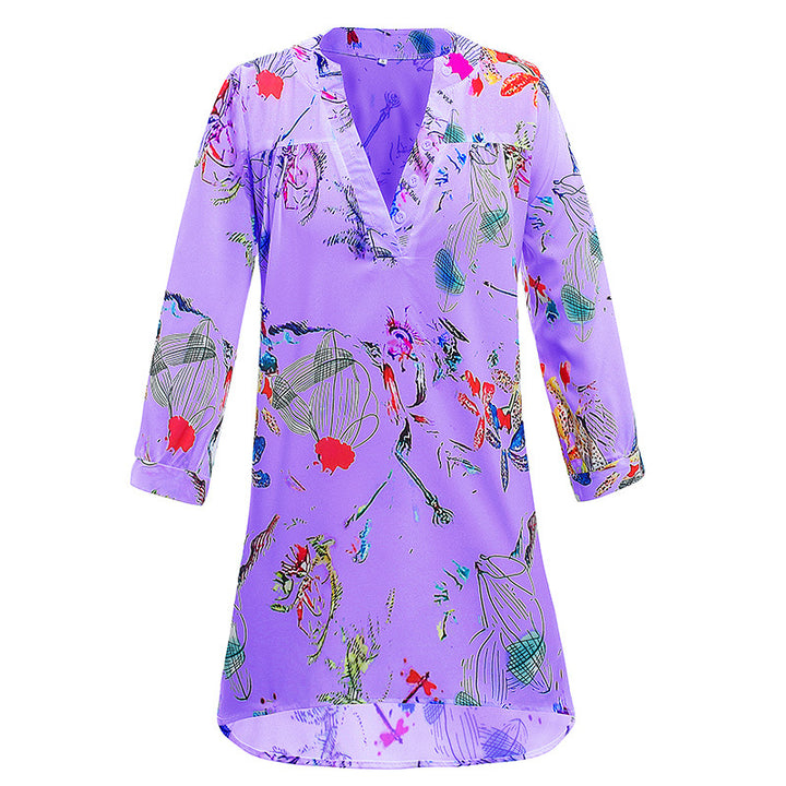Damen Leichte Viskose Chiffon Tunika Kleid mit V-Ausschnitt und Dreiviertelärmeln – Lunéa