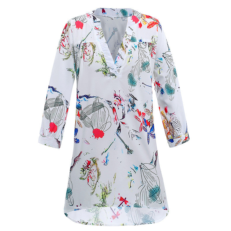 Damen Leichte Viskose Chiffon Tunika Kleid mit V-Ausschnitt und Dreiviertelärmeln – Lunéa