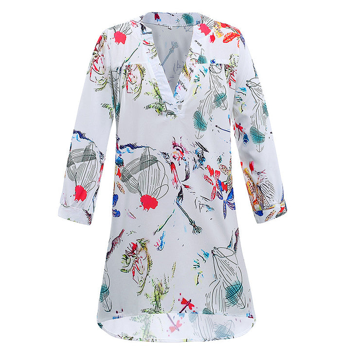 Damen Leichte Viskose Chiffon Tunika Kleid mit V-Ausschnitt und Dreiviertelärmeln – Lunéa