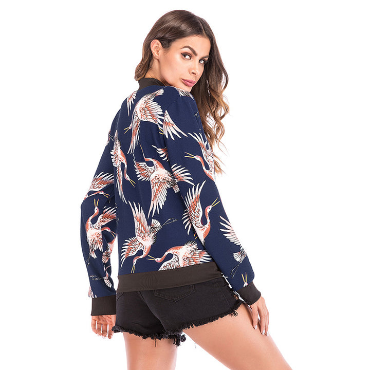 Damen Bedruckte Bomberjacke mit Kranich‑Motiv, Reißverschluss & Rippbündchen – Avenza