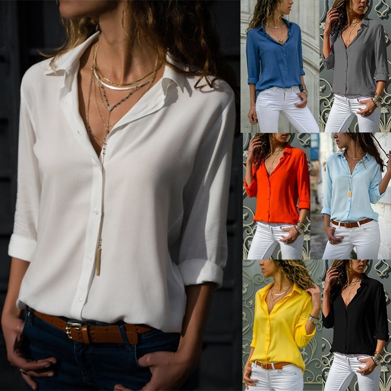 Damen nan lässige Viskose-Chiffon Bluse mit V-Ausschnitt und Umschlagärmeln Echo Archiv