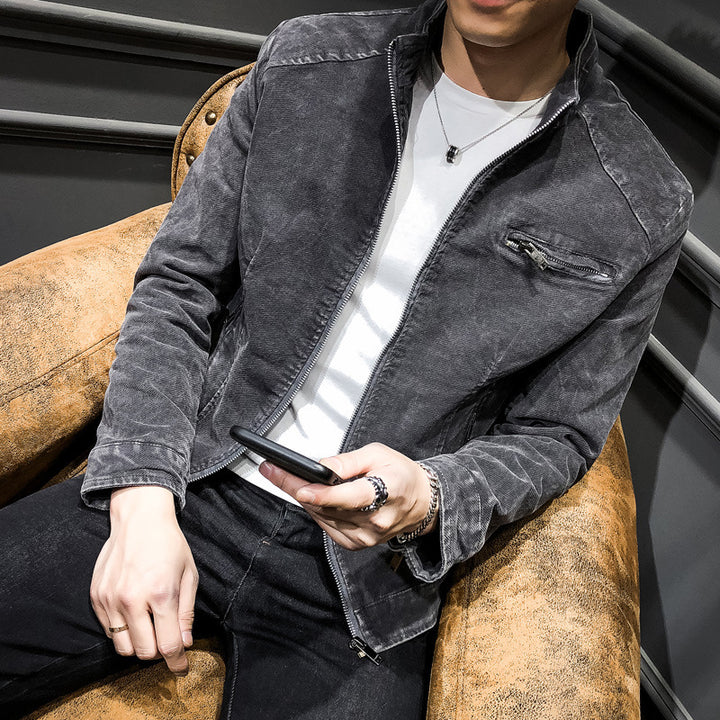 Herren Vintage-Optik Kurzjacke aus gewaschenem Baumwollmix mit Stehkragen und Zip-Brusttasche Echo Archiv