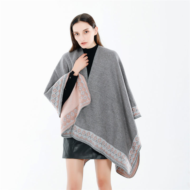 Damen Oversize-Doubleface-Ruana mit gewebter Bordüre und weichem Wollmix Echo Archiv