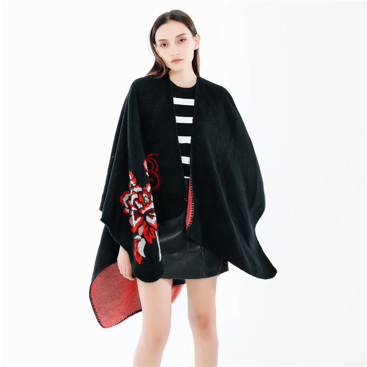 Damen Reversibler Capeponcho aus Wollmix mit floralem Jacquardfutter Echo Archiv