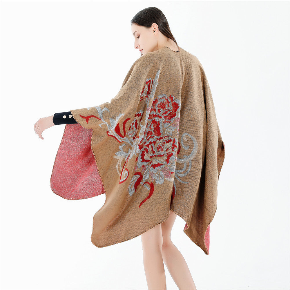 Damen Reversibler Capeponcho aus Wollmix mit floralem Jacquardfutter Echo Archiv