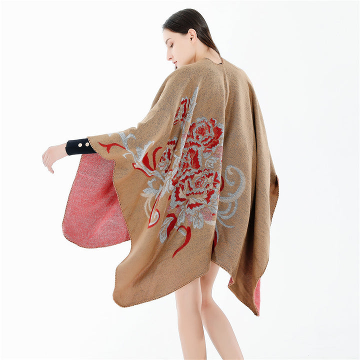 Damen Reversibler Capeponcho aus Wollmix mit floralem Jacquardfutter Echo Archiv