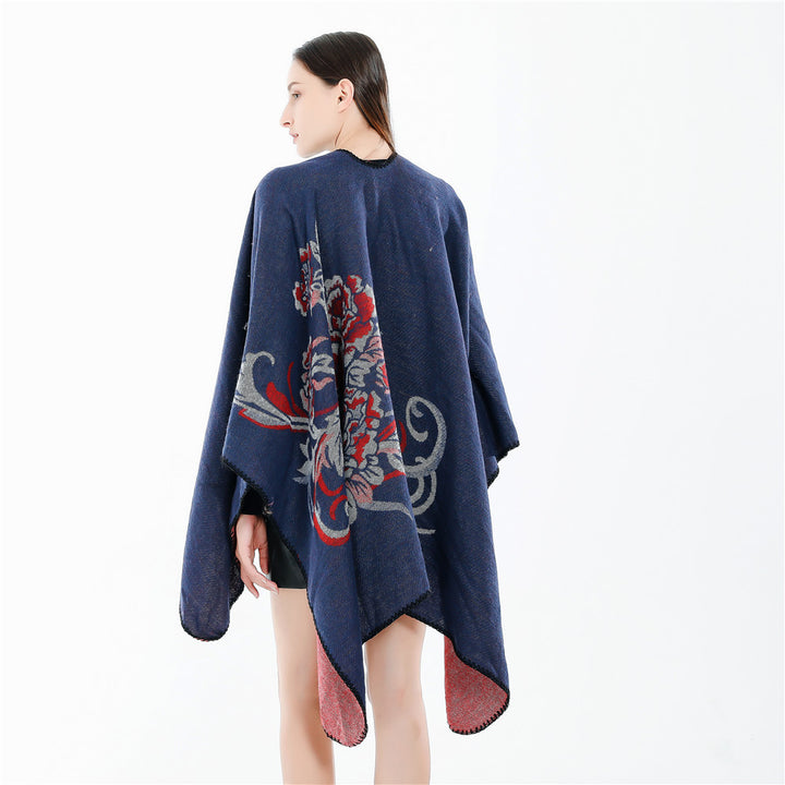 Damen Reversibler Capeponcho aus Wollmix mit floralem Jacquardfutter Echo Archiv