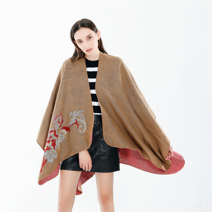 Damen Reversibler Capeponcho aus Wollmix mit floralem Jacquardfutter Echo Archiv