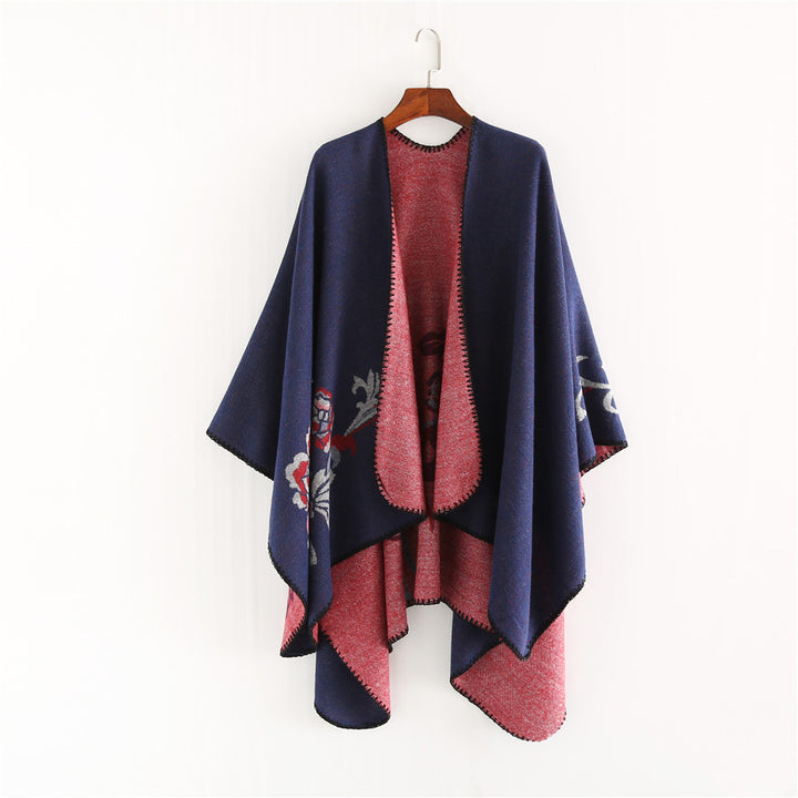 Damen Reversibler Capeponcho aus Wollmix mit floralem Jacquardfutter Echo Archiv