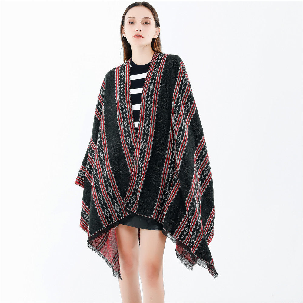 Damen Jacquard‑Ruana‑Poncho mit Fransen und offenem Oversize‑Fall Echo Archiv