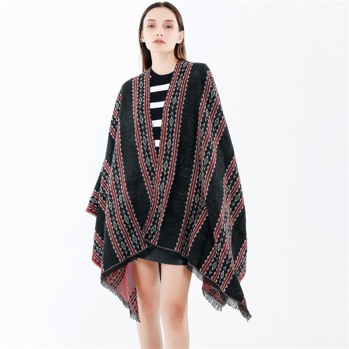 Damen Jacquard‑Ruana‑Poncho mit Fransen und offenem Oversize‑Fall Echo Archiv