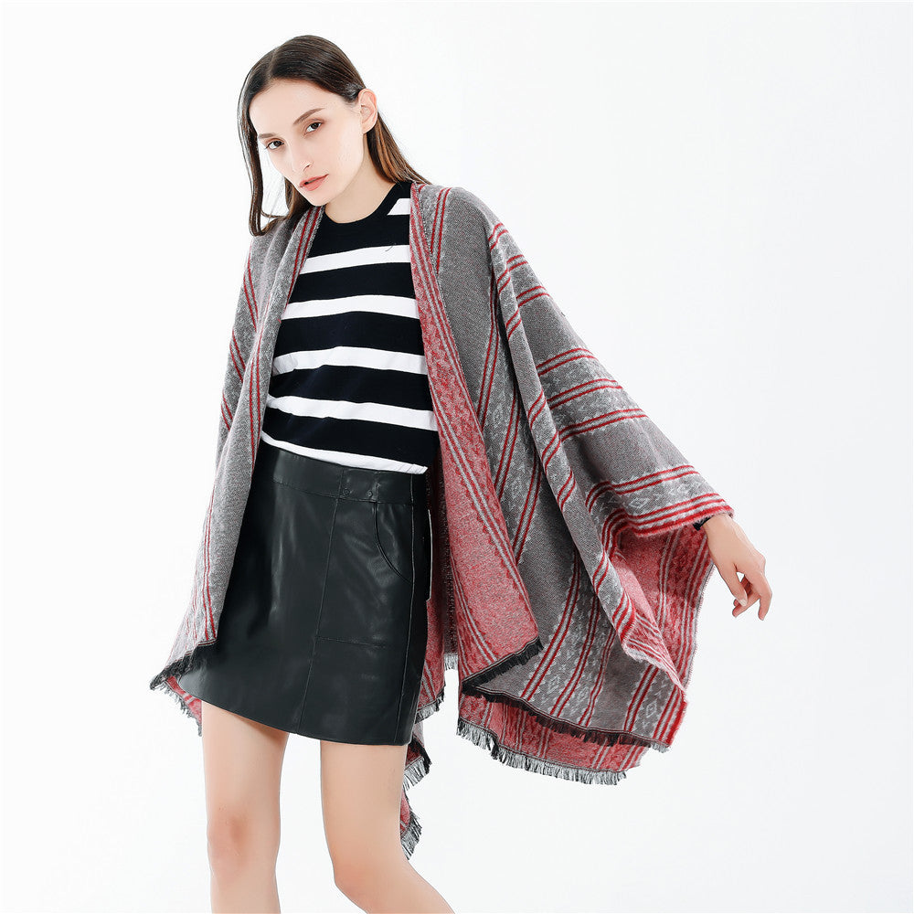 Damen Jacquard‑Ruana‑Poncho mit Fransen und offenem Oversize‑Fall Echo Archiv