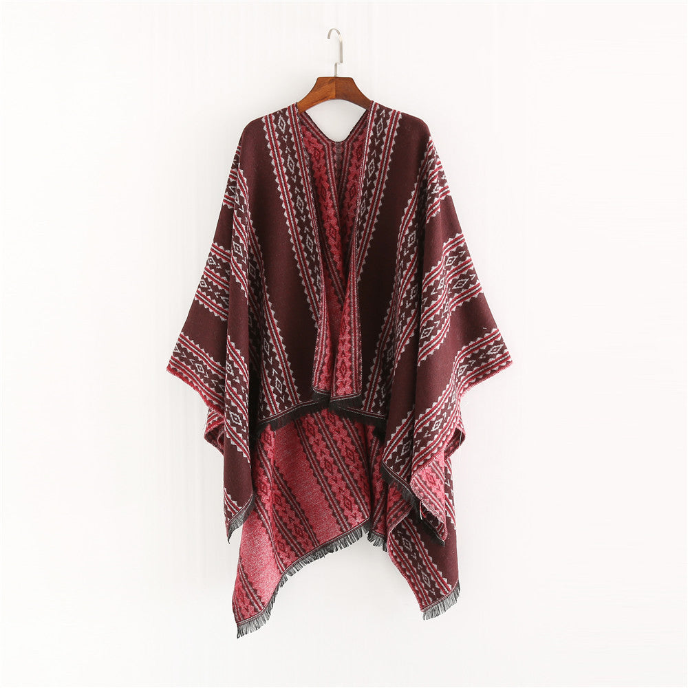 Damen Jacquard‑Ruana‑Poncho mit Fransen und offenem Oversize‑Fall Echo Archiv